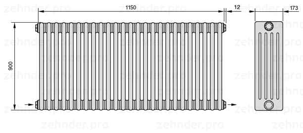 Схема (чертеж) Радиатор Zehnder Charleston 5090/25 №2670 Белый глянцевый RAL 9016